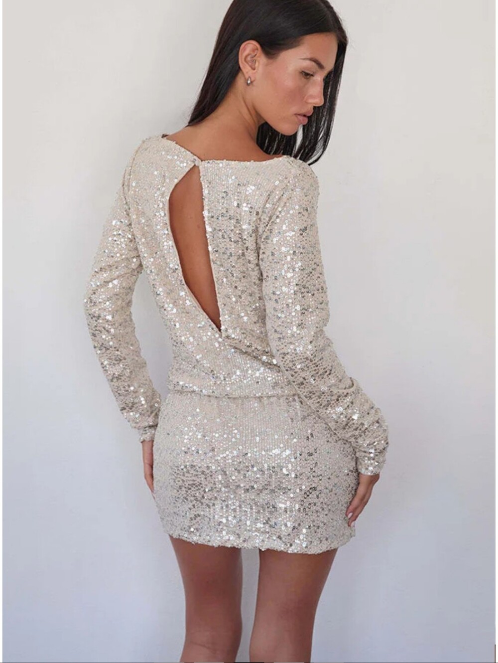 Jasilia Long Sleeve Mini Dress in Neutral Sequin